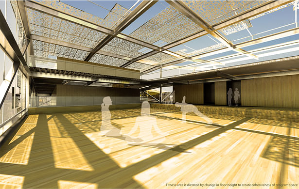 An interior rendering showing a space that is more open and light for transformations.
