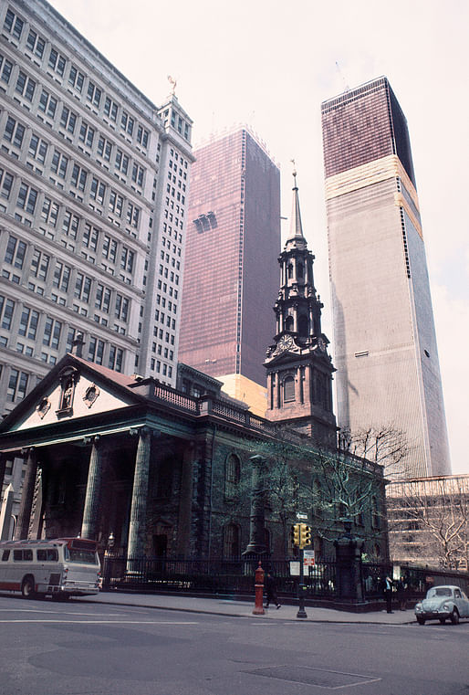 View west from St. Paul's Chapel with the Twin Towers under construction, Broadway and Fulton Street, New York, New York; 1970. Courtesy National Building Museum, © Camilo José Vergara.