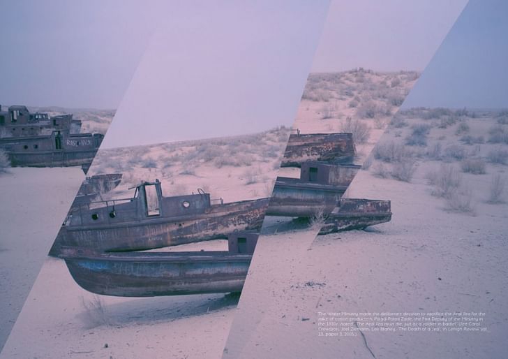 One of the opening spreads in 'the Geologic Imagination' reveals, in fragmented form, what was once the Aral Sea until it was drained by the USSR for the sake of cotton production. Credit: The Geologic Imagination / Sonic Acts