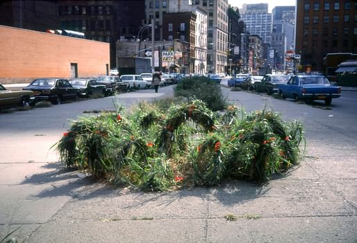 Becky Howland. Tied Grass. 1977. Site-specific installation on traffic island bounded by Franklin Street, Varick Street, and West Broadway. Digital c-print. Courtesy the artist. Image courtesy MoMA PS1. 