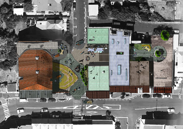 Establishing new connections with surrounding art spaces by proposing secondary pedestrian only elevated walkway.