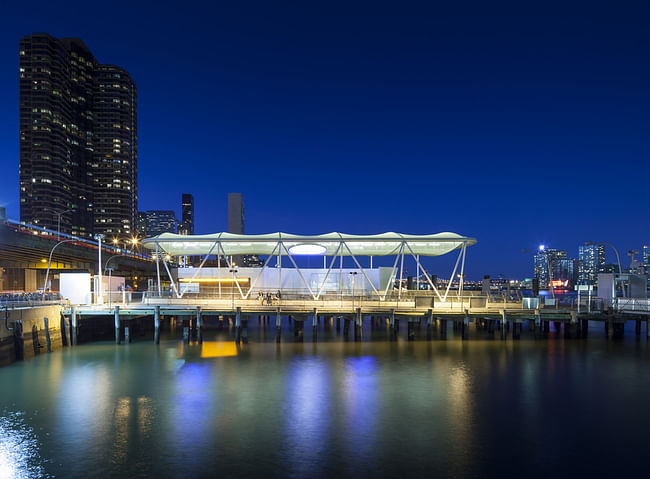 Light wells illuminate the East River Public Ferry Terminal in Manhattan at night. Photo Credit: John Horner. Photo courtesy of 2014 Berkeley-Rupp Prize