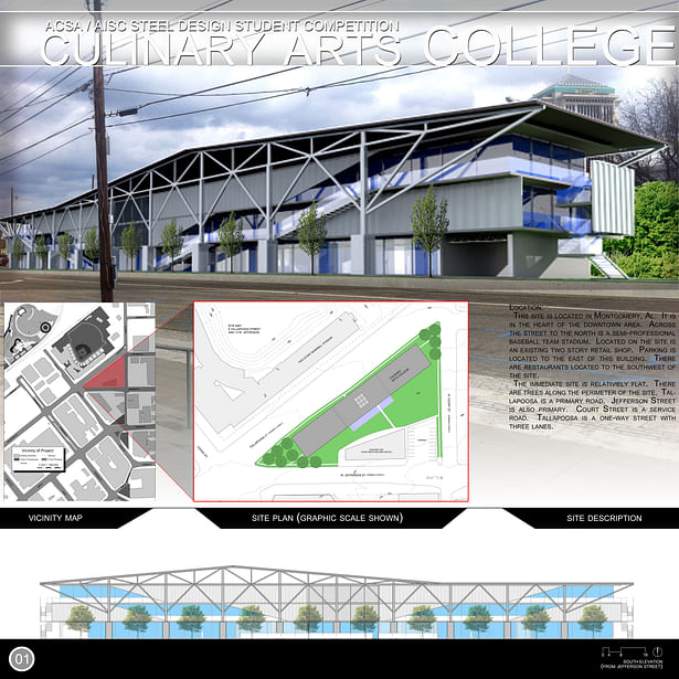 This is Board 1 of the ACSA/ AISC Steel Design Student Competition.