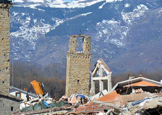 Amatrice, in Amatrice, Italy. The bell tower of the medieval church of Sant’Emidio survived the earthquake of August 24, 2016 and subsequent tremors, 2017. Photo: MIBACT