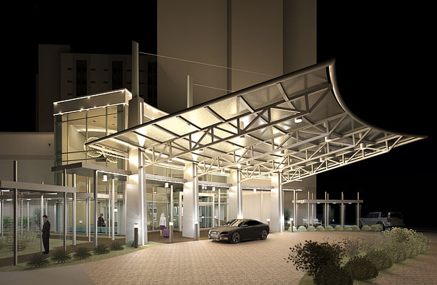 Nighttime rendering of hotel entrance