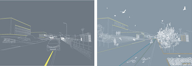 The Industrial park now and in 2035, in the style of Partick Caulfield