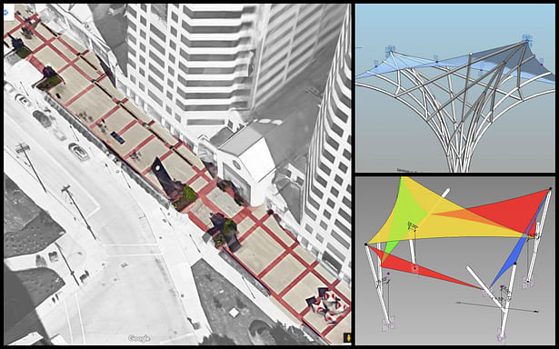 Birds Eye View of existing plaza; Tensile shades parametric studies