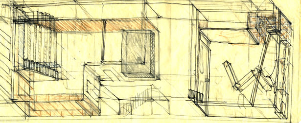 Sketch of auditorium and wood shop.