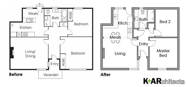 Floor Plan, Before & After. Modernised bathroom, upgraded to a practical stylish kitchen, additional storage and an open plan living