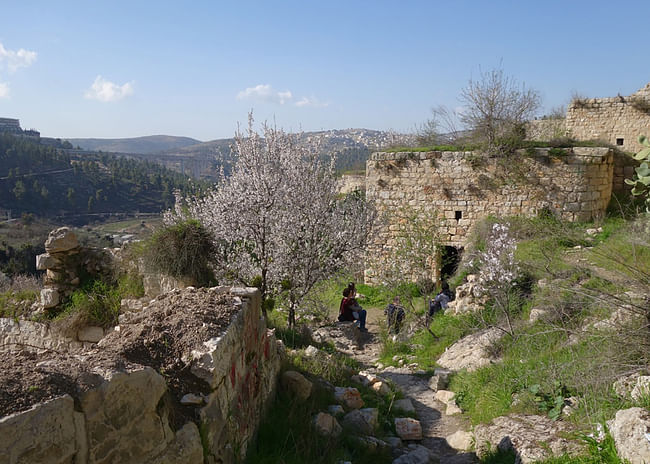 Lifta, a traditional Palestinian village, in Jerusalem, Israel. Narrow paths wind among ruined stone buildings at Lifta, 2017