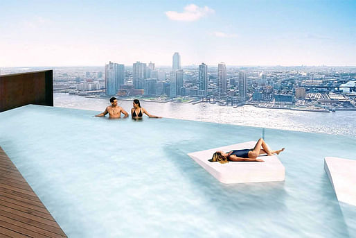Marina Bay Sands lite: rendering of the infinity pool on the American Copper Buildings east tower rooftop. (Image: JDS Development; via bloomberg.com)