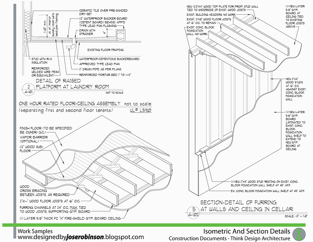 These are details from multiple projects. The first is a Laundry Room detail with waterproof materials at the floor and wall and floor drain at the center. The left isometric is a detail of a fire-rated floor-ceiling assembly. The right isometric is a detail of the proposed furring at a cellar foundation wall shelf. 