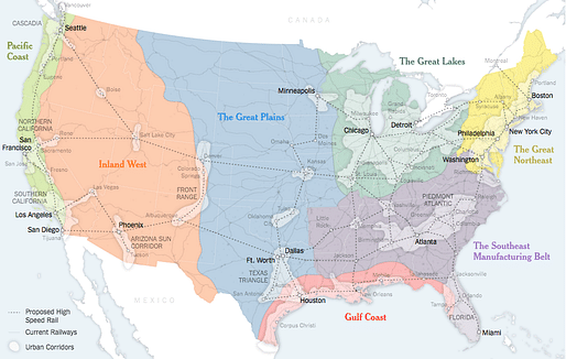 A map showing a possible future America, where boundaries are defined by economics and population rather than two century-old criteria. Credit: Sources: ​Joel Kotkin​ (boundaries and names of 7 mega-regions)​; Forbes Magazine​; Regional Plan Association; Census Bureau; ​United States​ High Speed Rail Association; Clare Trainor/University of Wisconsin-Madison Cartography Laboratory. via the New York Times