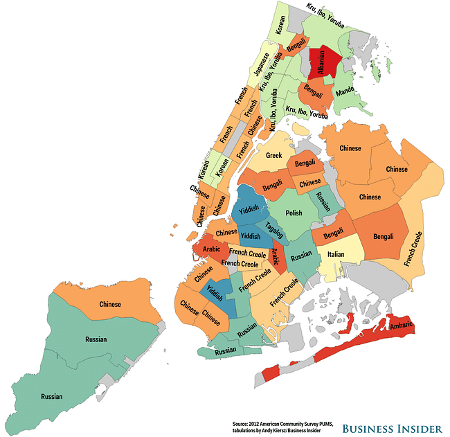 This map does not include Spanish and shows the linguistic diversity of New York. Credit: Business Insider