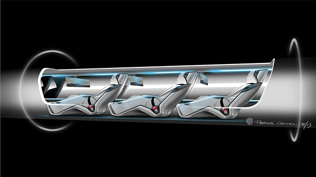Hyperloop passenger capsule version cutaway with passengers onboard. Courtesy of Elon Musk/SpaceX
