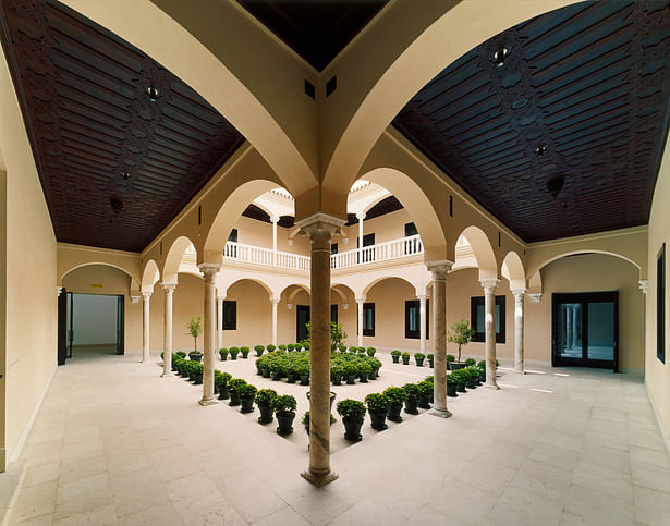 Restored courtyard of historic palaçio orients the visitor.