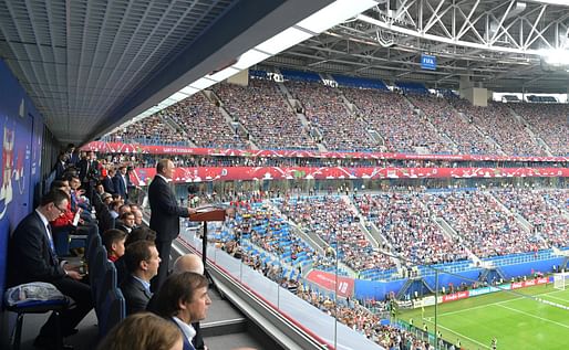 Vladimir Putin addressing the crowd at St Petersburg Stadium in June this year during the opening match of the Confederations Cup — seen as a a dress rehearsal for the 2018 World Cup. Photo: Kremlin.