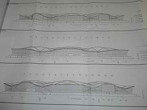 The elevation for a new campus for Nvidia Corp. shows a geodesic roof and slanted glass walls.