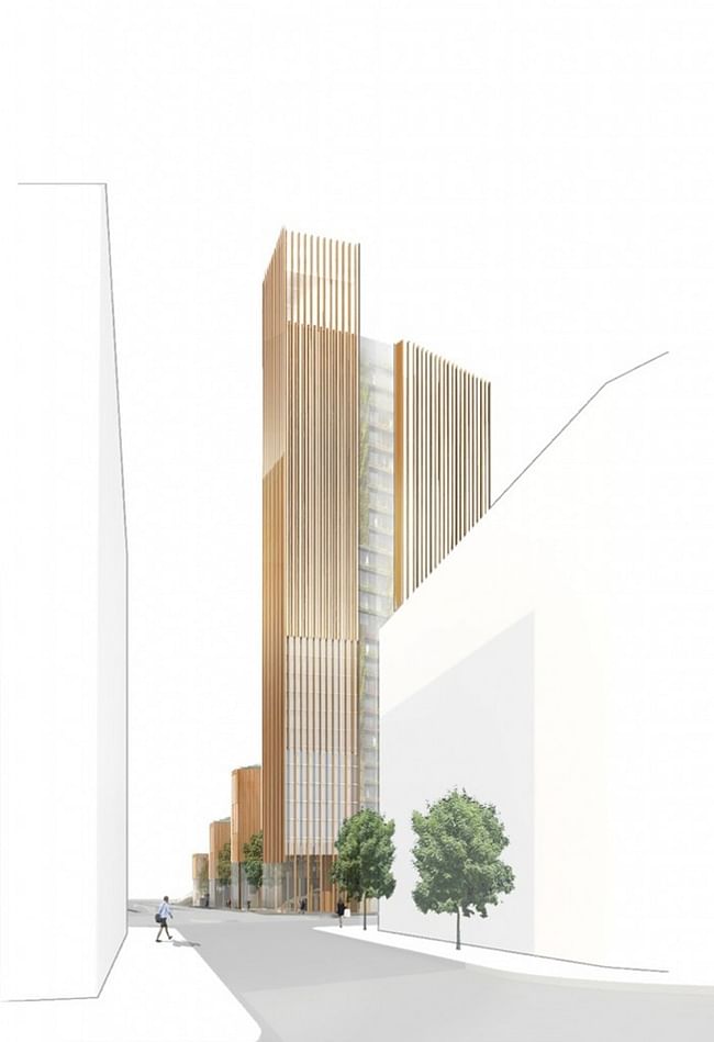 Architect Michael Green believes that increasing use of timber in construction will reduce the carbon footprint of large-scale buildings. Illustration- Michael Green Architecture