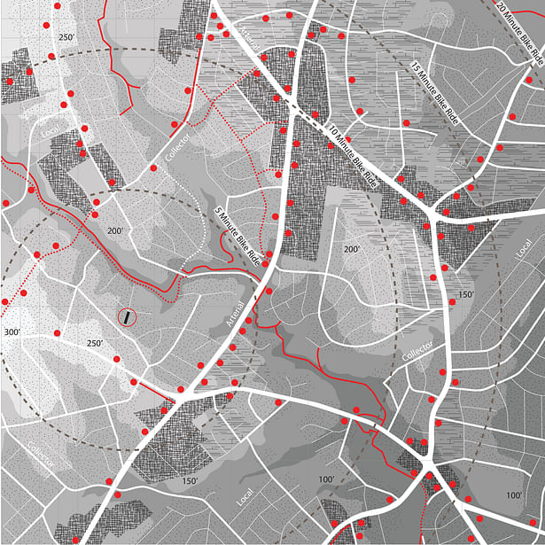 Transportation Synthesis: Bike paths, bus stops, and street hierarchies in relation to topography and building density