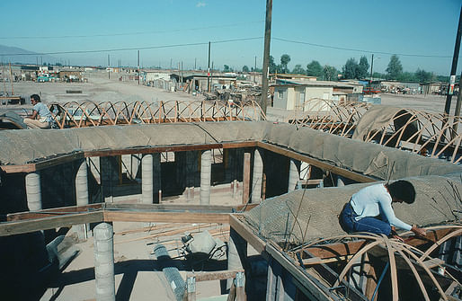 'Students working on the roof of the Builder’s Yard,' Mexicali, Mexico, 1976. Slide, 35mm Kodachrome. Courtesy the Fromm/Bosselmann files, Berkeley. From the 2024 grant to INSITE for the publication “INSITE Journal_07: A Timeless Way to Build”