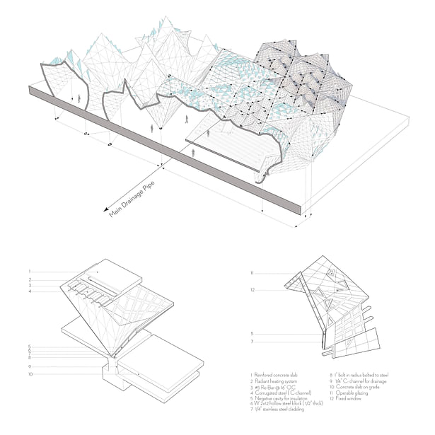 Building Mechanics - The building is a steel building and the panel system responds to the structure and the geometry. The panel connects itself to the structure. There are two types of panels created from the connection between the steel framing and the panel system. Depending on the curvature of the geometry the panels are either square panels or become triangulated to avoid steep curvature. Imbedded in the panels are fixed windows for natural light and mechanical windows for natural...