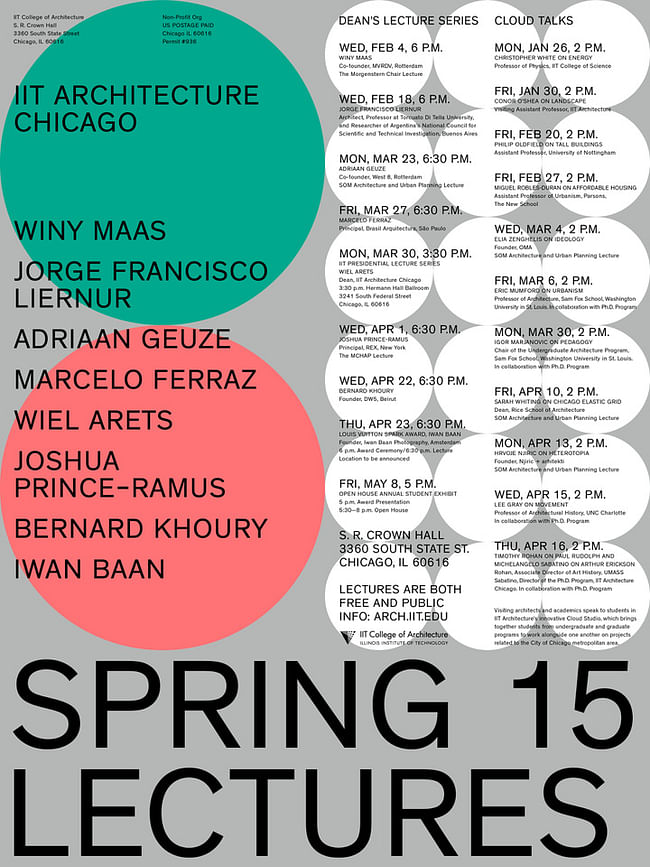 IIT College of Architecture Spring '15 Lectures and Events. Poster graphic design & typography by: mainstudio. 