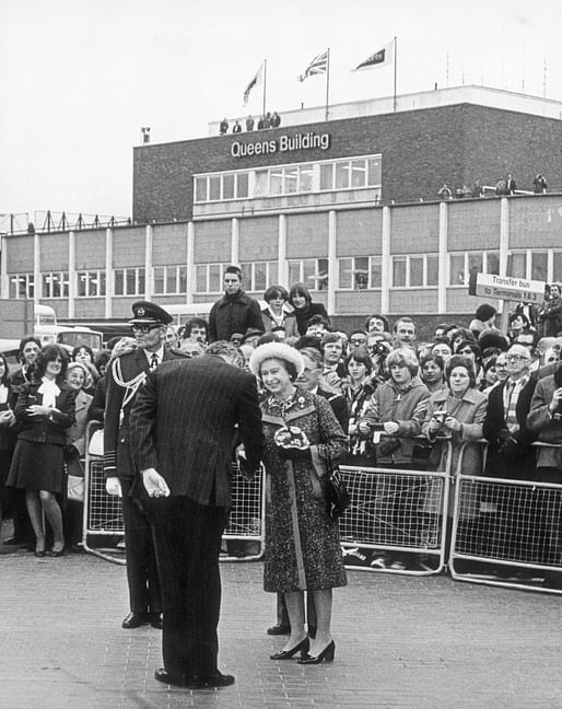 Queen Elizabeth II at the 1955 opening of Heathrow's original Terminal 2. Image via keepcalmandharryon.com. 