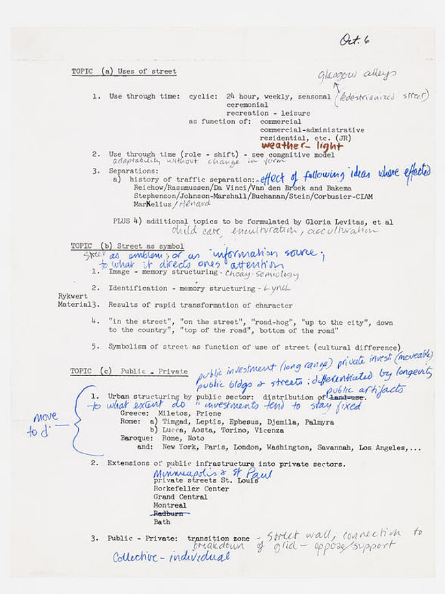 An annotated outline of various ways to analyze a street. 18 September 1970. Institute of Architecture and Urban Studies fonds, CCA. Gift of Eisenman Architects © CCA, Montreal