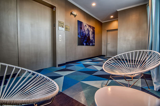 Third Floor Lobby, Multi-Family Residential Redesign, Bold, Colorful, Geometric Interior Design, bespoke artwork