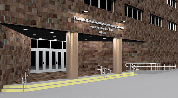 New ADA Ramp (canopy removed) St/Stl handrails, Bronze cladding. A partial proposal (a study).