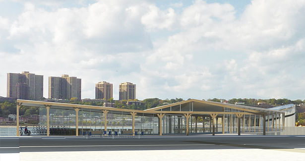 Harlem Piers Farm proposal, Hudson River Greenway entrance with bike rental, cafe and reused New York State barn wood clad barn. 