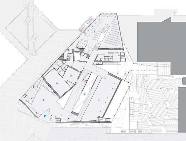 PL00: 1 lobby, 2 bookstore, 3 coat check, 4 lightfall, 5 architecture and design gallery I, 6 architecture and design gallery II, 7 architecture and design gallery III, 8 library, 9 architecture and design curatorial offices