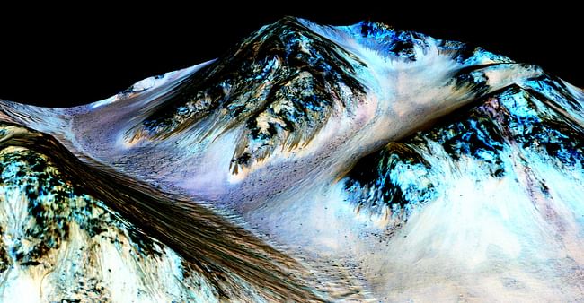 'These dark, narrow, 100 meter-long streaks called recurring slope lineae flowing downhill on Mars are inferred to have been formed by contemporary flowing water. Recently, planetary scientists detected hydrated salts on these slopes at Hale crater, corroborating their original hypothesis that the streaks are indeed formed by liquid water.' Credits: NASA/JPL/University of Arizona