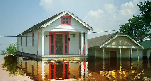 Rendering of a New Orleans shotgun house with amphibious retrofit (details <a href="http://buoyantfoundation.org/wp-content/uploads/2017/04/bfp.pdf">here</a>). Image: Buoyant Foundation Project.