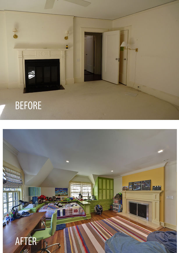 A former Master Bedroom converted to a Kid's Room, with bright colors and custom millwork.