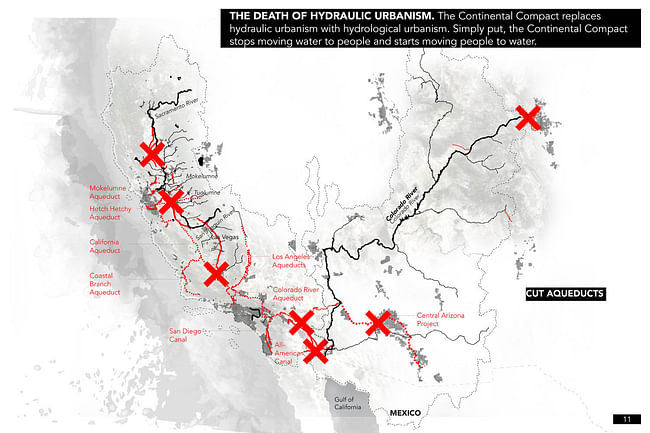 THE DEATH OF HYDRAULIC URBANISM. The Continental Compact replaces hydraulic urbanism with hydrological urbanism. Simply put, the Continental Compact stops moving water to the people and starts moving people to the water. Credit: the Continental Compact team.