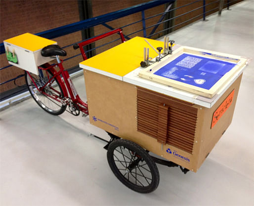 Monica Schoenacker’s Sericleta — a bicycle outfitted with a silkscreen press. [Photo by Jonathan Massey]
