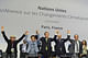 COP21 leaders – from left to right, Laurence Tubiana, Christiana Figueres, Ban Ki Moon, Laurent Fabius, and François Hollande – celebrate after the agreement is announced. Credit: UN Climate Change / Flickr