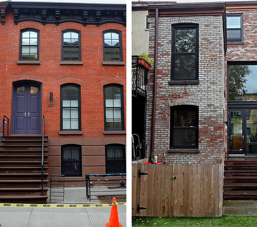 Andrea Mohin/The New York Times - Out front, left, Timm and Kelly Chiusano's town house on Huntington Street in Carroll Gardens, Brooklyn, retains its original exterior. But when the rear wall was rebuilt during extensive renovations, glass replaced brick, right.