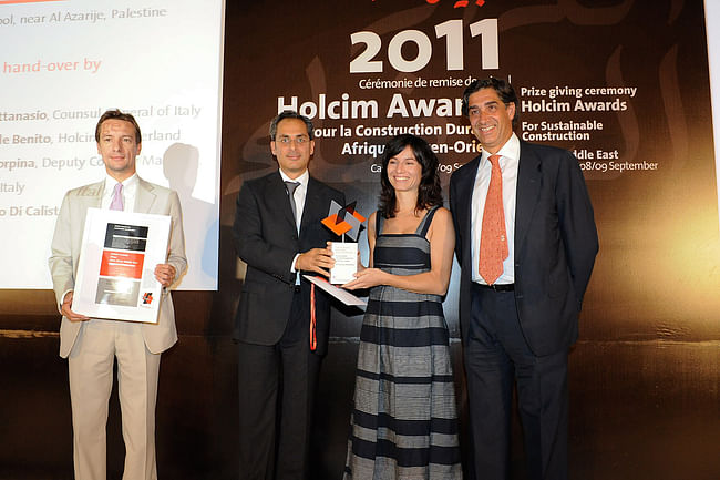 Holcim Silver Award: Luca Atanasio, Consul General of Italy in Morocco; Piero Corpina, Deputy Country Manager, Holcim Italy; winner Giovanna Claudia Rosa Romano, ARCò - Architettura e Cooperazione; and Javier de Benito, Area Manager Holcim for Mediterranean & North Africa.