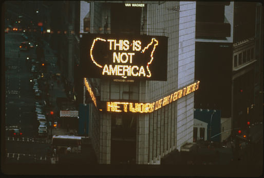 Alfredo Jaar, A Logo for America, part of Messages to the Public, Times Square, 1987. Courtesy Public Art Fund, NY.