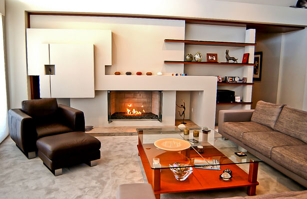 Living room fireplace.