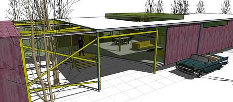 Project for an affordable single-family contemporary home, with prefab elements. A development of the ideas of modernist architecture, inspired by the projects from the Case-Study House program, California, 1945-1966