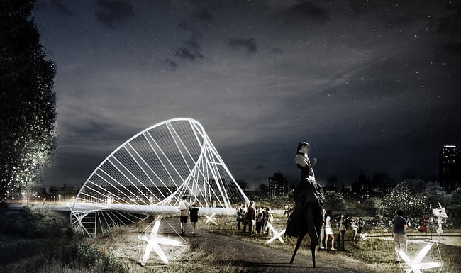 Nighttime rendering of The 'O' bridge by Christ Precht of penda and Alex Daxböck - Proposal for Salford Meadows Bridge Competition.