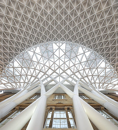 shot of roof of new concourse against old station, at King's Cross station, designed by John McAslan and PartnersPhotograph by Hufton & Crow