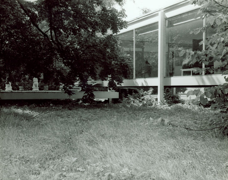 Farnsworth House, exterior, view of south façade and east end of terrace with Farnsworth’s sculptures. Undated. Photo by Gorman’s Child Photography. Courtesy and copyright of Newberry Library, Chicago, Illinois.