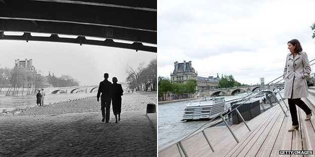 The Seine river bank in 1954 and in June, as deputy mayor Anne Hidalgo inspects the new berges