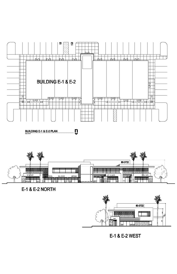 Two story office building first floor plan and elevations