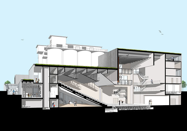 Three-dimensional section of the building and theater volume.